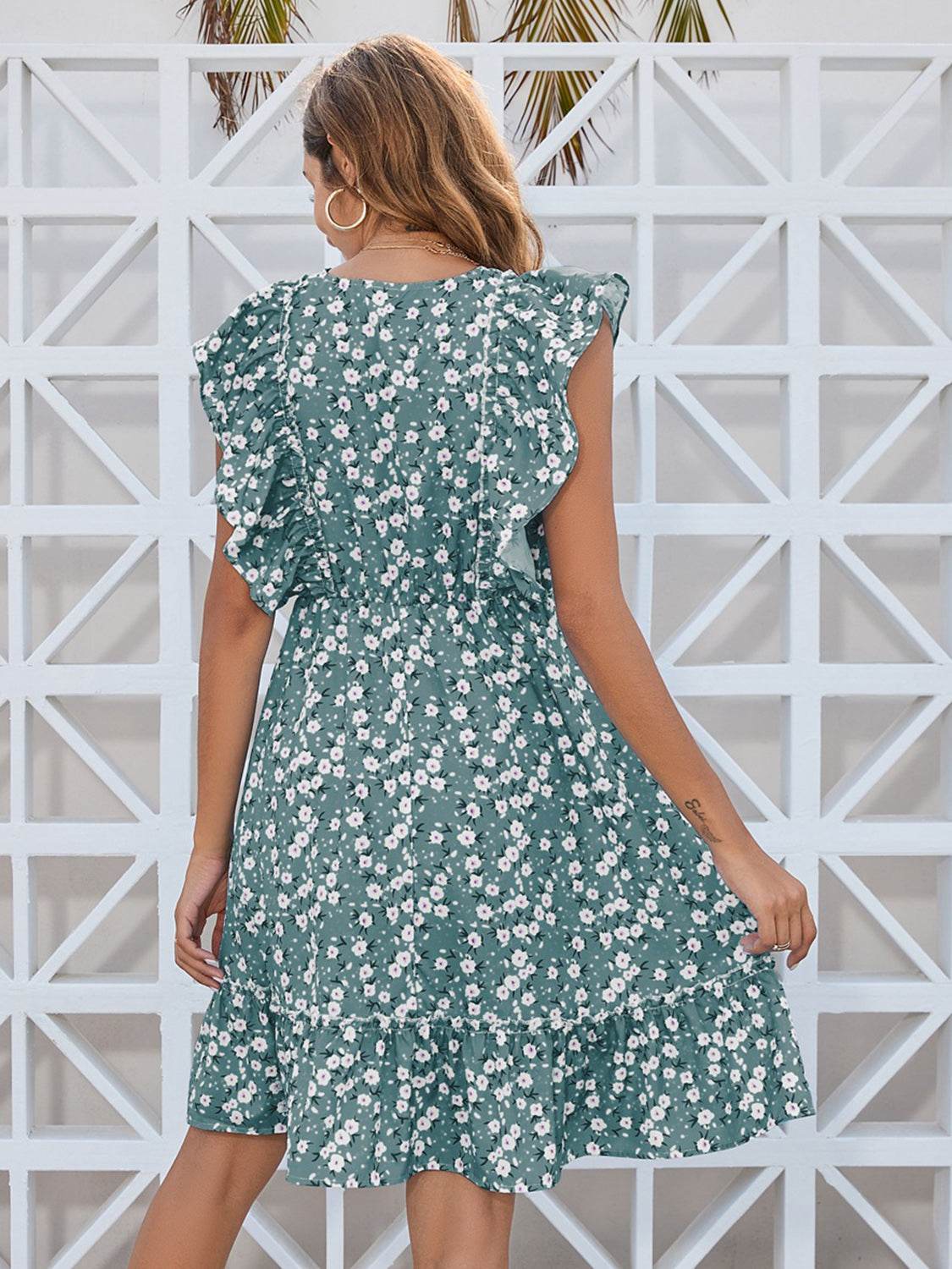 Ruffled Ditsy Floral Surplice Mini Dress - MARIGOLD