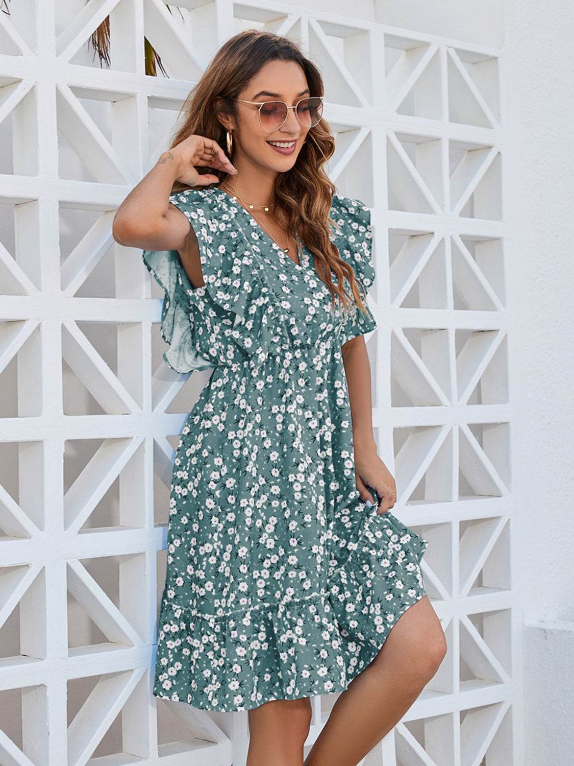 Ruffled Ditsy Floral Surplice Mini Dress - MARIGOLD