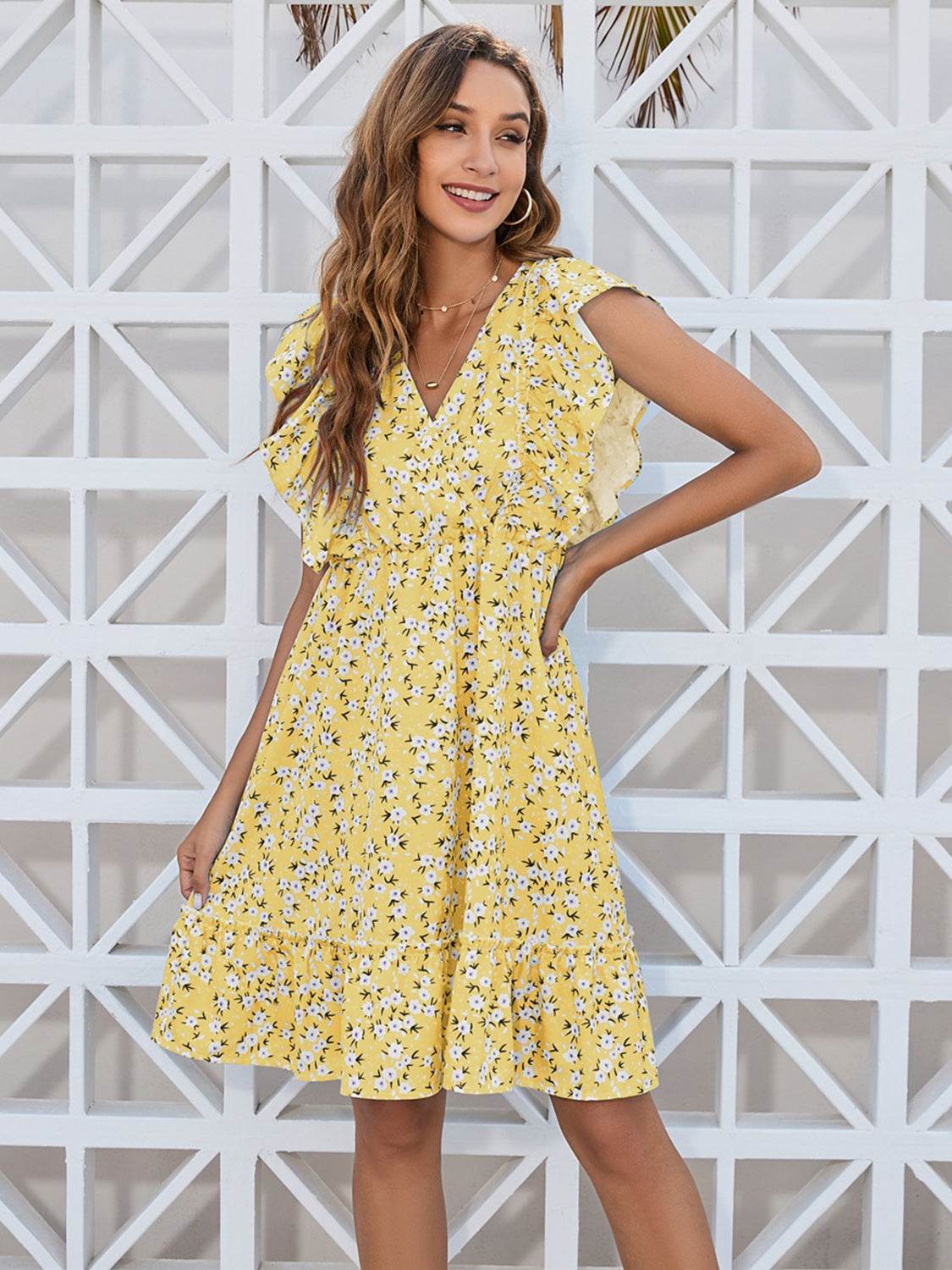 Ruffled Ditsy Floral Surplice Mini Dress - MARIGOLD