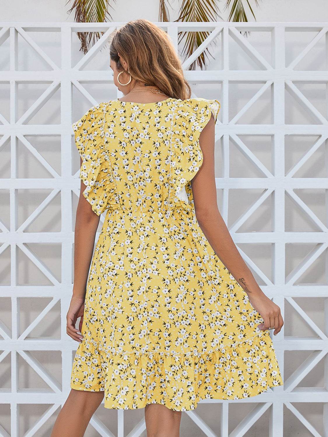 Ruffled Ditsy Floral Surplice Mini Dress - MARIGOLD