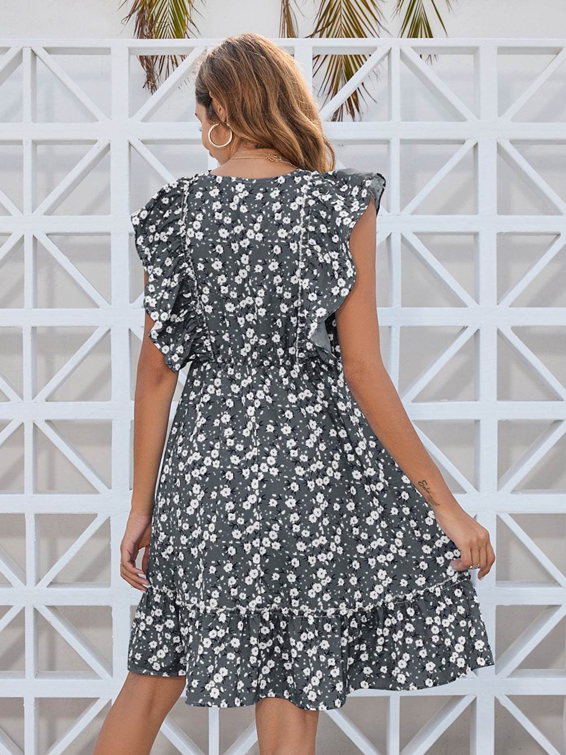Ruffled Ditsy Floral Surplice Mini Dress - MARIGOLD