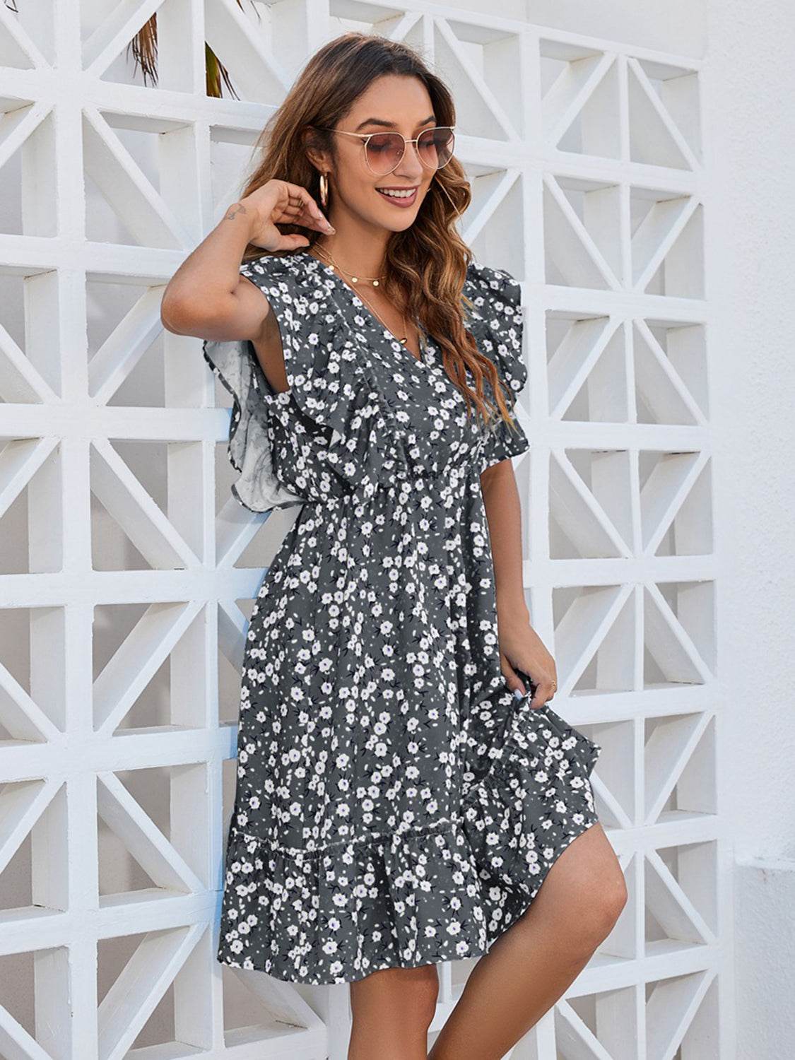 Ruffled Ditsy Floral Surplice Mini Dress - MARIGOLD