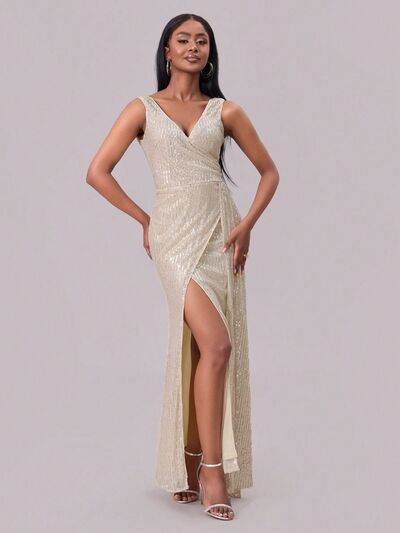 Slit Sequin Surplice Sleeveless Maxi Dress - MARIGOLD