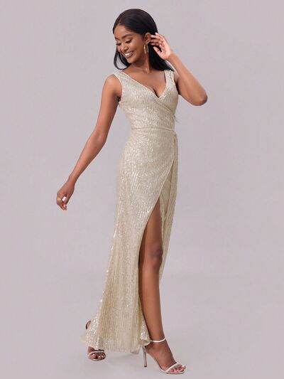 Slit Sequin Surplice Sleeveless Maxi Dress - MARIGOLD