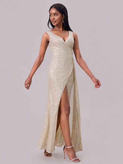 Slit Sequin Surplice Sleeveless Maxi Dress - MARIGOLD