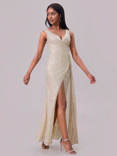 Slit Sequin Surplice Sleeveless Maxi Dress - MARIGOLD