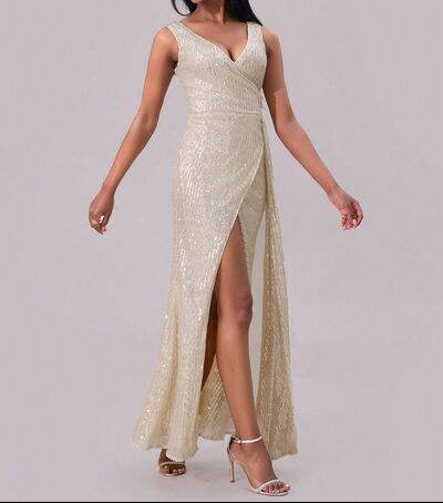 Champagne-colored slit sequin surplice sleeveless maxi dress by Marigold Collections Australia, perfect for formal evening occasions.