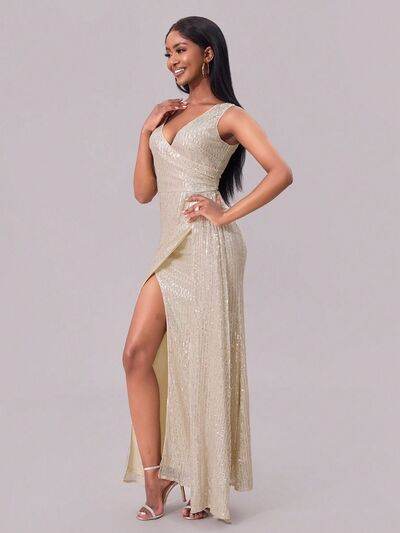 Slit Sequin Surplice Sleeveless Maxi Dress - MARIGOLD
