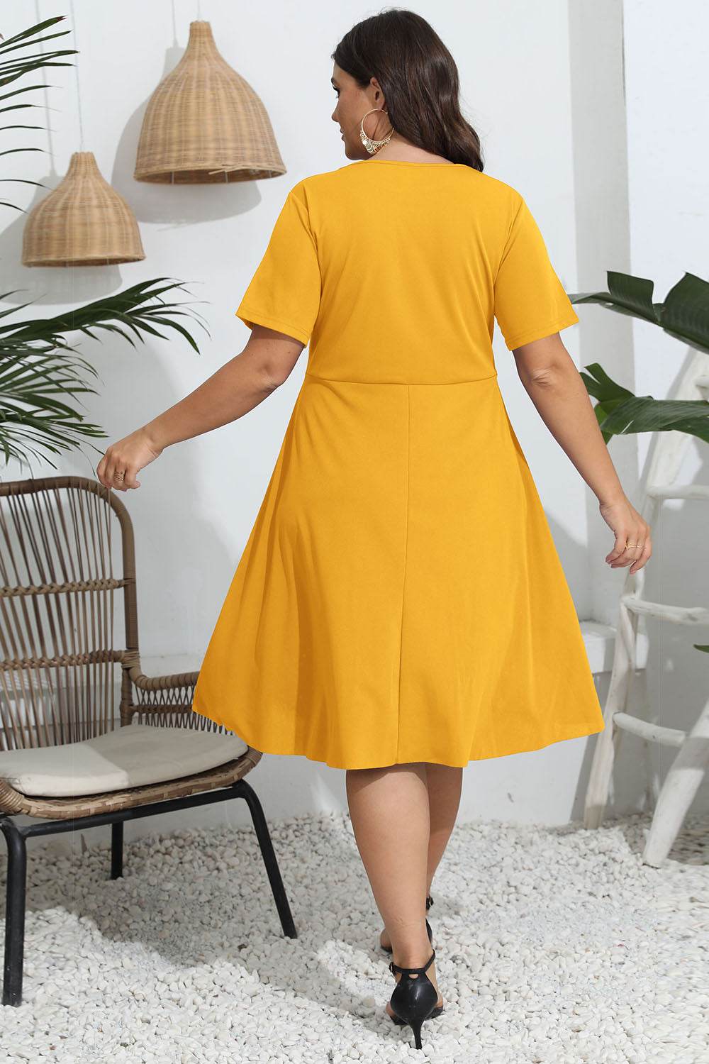 Plus Size Round Neck Openwork Dress - MARIGOLD