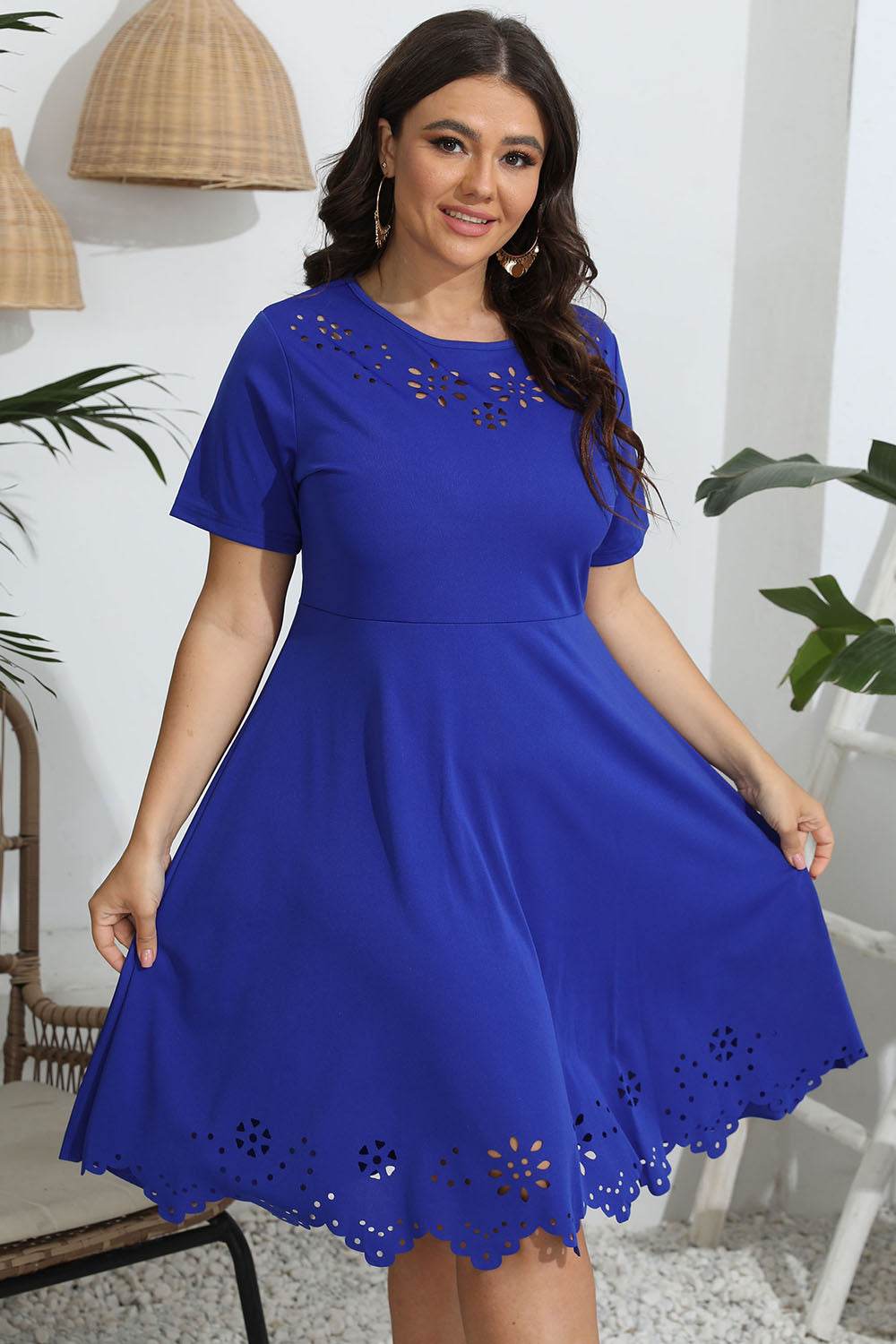Plus Size Round Neck Openwork Dress - MARIGOLD