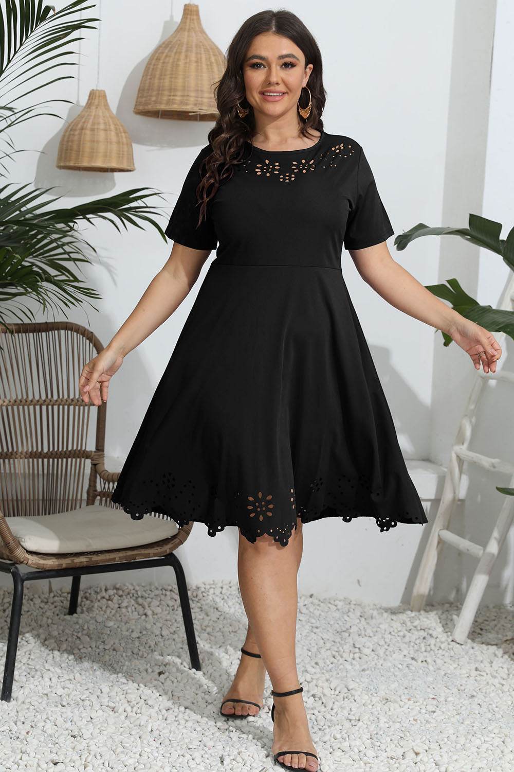 Plus Size Round Neck Openwork Dress - MARIGOLD