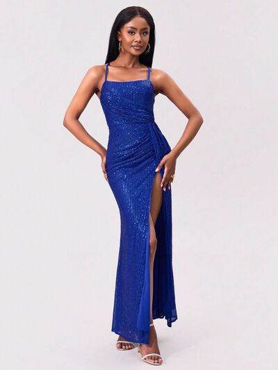 Slit Sequin Square Neck Spaghetti Strap Dress - MARIGOLD