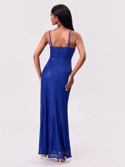 Slit Sequin Square Neck Spaghetti Strap Dress - MARIGOLD