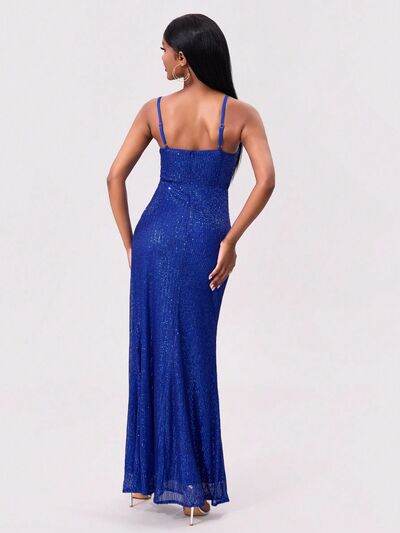 Slit Sequin Square Neck Spaghetti Strap Dress - MARIGOLD