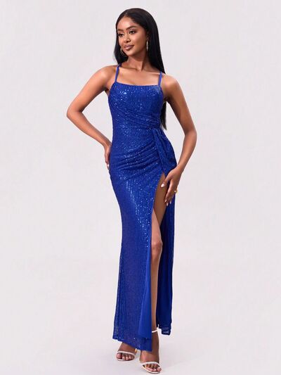 Slit Sequin Square Neck Spaghetti Strap Dress - MARIGOLD