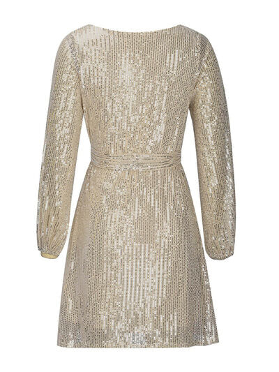 Sequin Tie Waist Long Sleeve Mini Dress - MARIGOLD