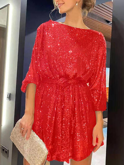 Sequin Tie Waist Long Sleeve Mini Dress - MARIGOLD