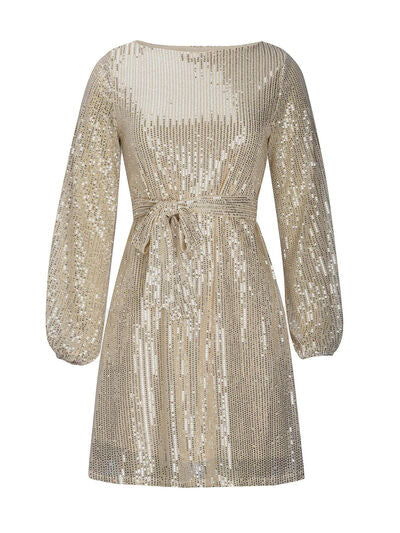 Sequin Tie Waist Long Sleeve Mini Dress - MARIGOLD