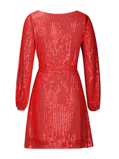 Sequin Tie Waist Long Sleeve Mini Dress - MARIGOLD
