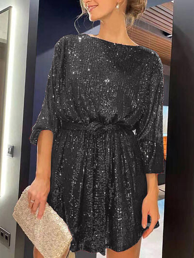 Sequin Tie Waist Long Sleeve Mini Dress - MARIGOLD