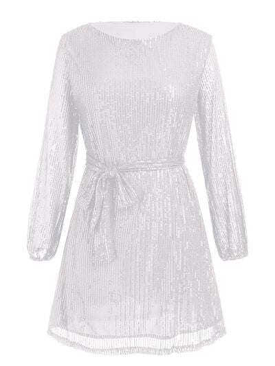 Sequin Tie Waist Long Sleeve Mini Dress - MARIGOLD