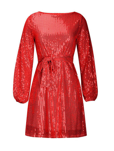 Sequin Tie Waist Long Sleeve Mini Dress - MARIGOLD