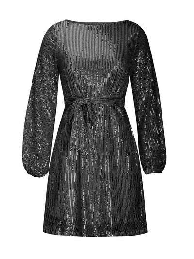 Sequin Tie Waist Long Sleeve Mini Dress - MARIGOLD