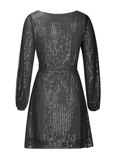 Sequin Tie Waist Long Sleeve Mini Dress - MARIGOLD