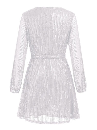 Sequin Tie Waist Long Sleeve Mini Dress - MARIGOLD