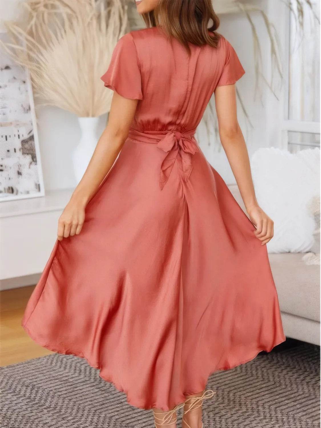 High-Low Plunge Flutter Sleeve Dress - MARIGOLD