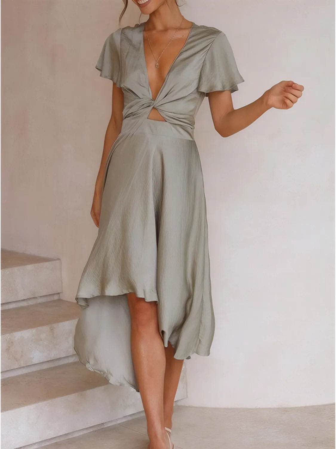 High-Low Plunge Flutter Sleeve Dress - MARIGOLD