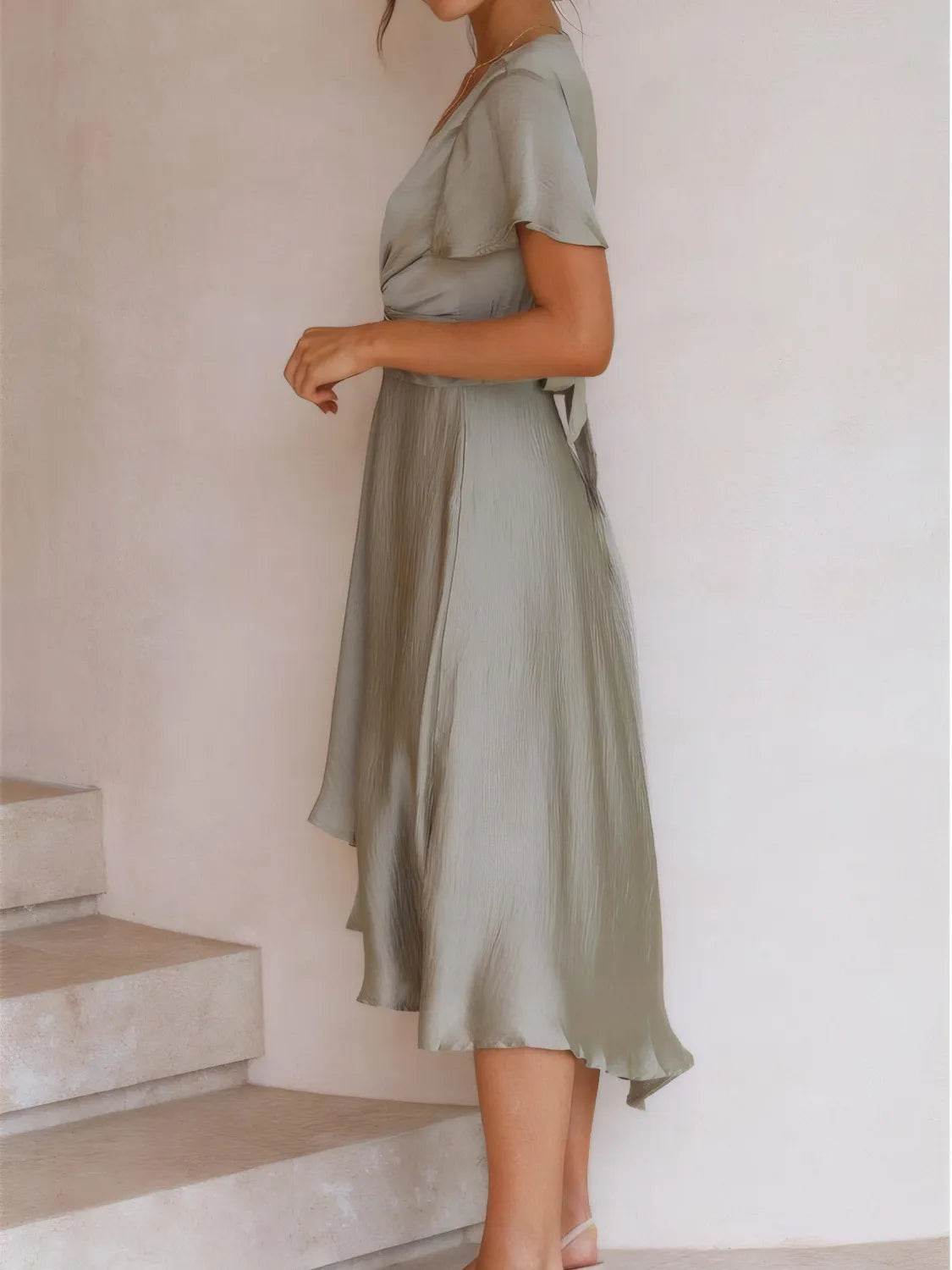 High-Low Plunge Flutter Sleeve Dress - MARIGOLD