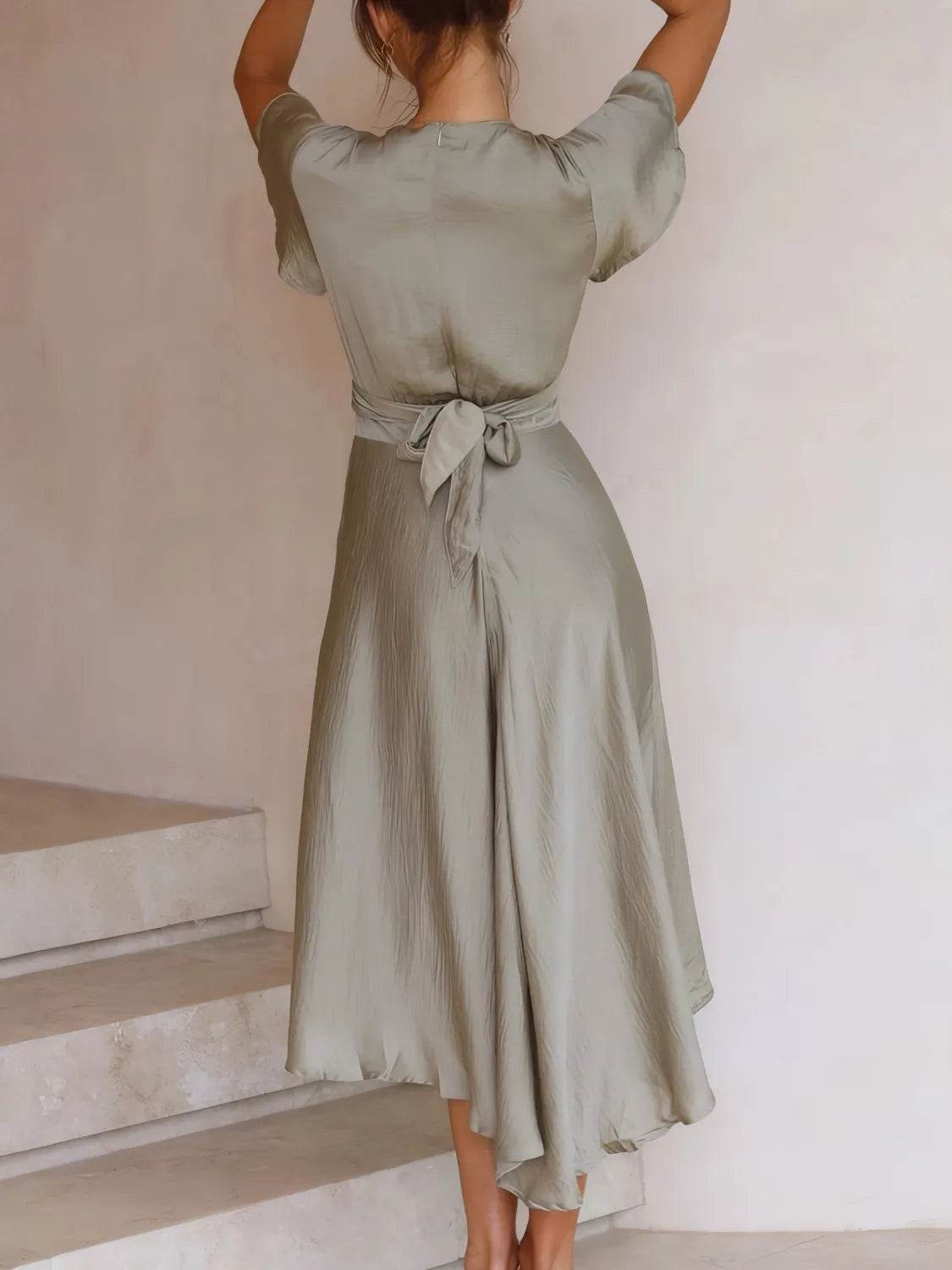 High-Low Plunge Flutter Sleeve Dress - MARIGOLD