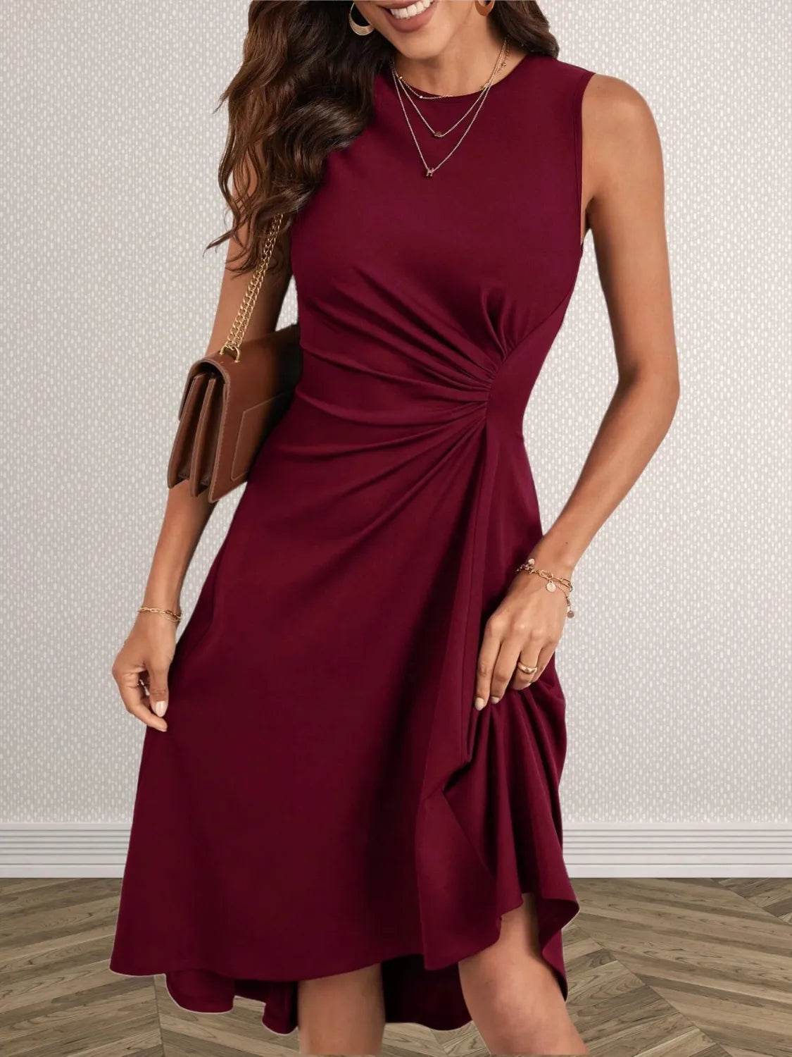 High-Low Hem Dress with Ruched Waist & Round Neck - MARIGOLD