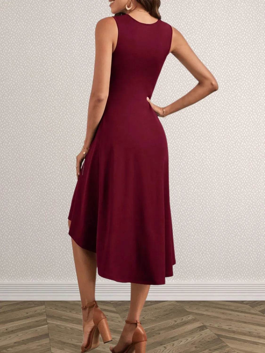 High-Low Hem Dress with Ruched Waist & Round Neck - MARIGOLD