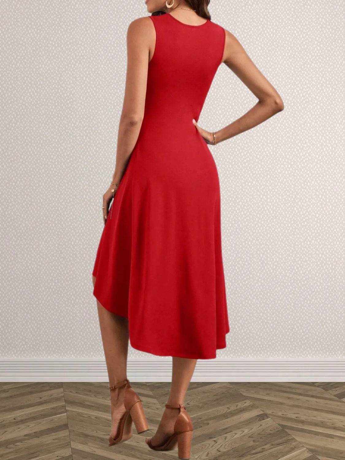 High-Low Hem Dress with Ruched Waist & Round Neck - MARIGOLD