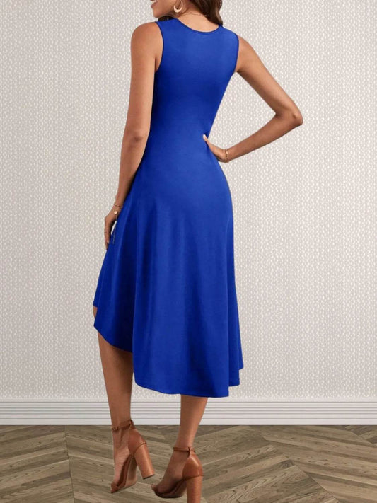 High-Low Hem Dress with Ruched Waist & Round Neck - MARIGOLD