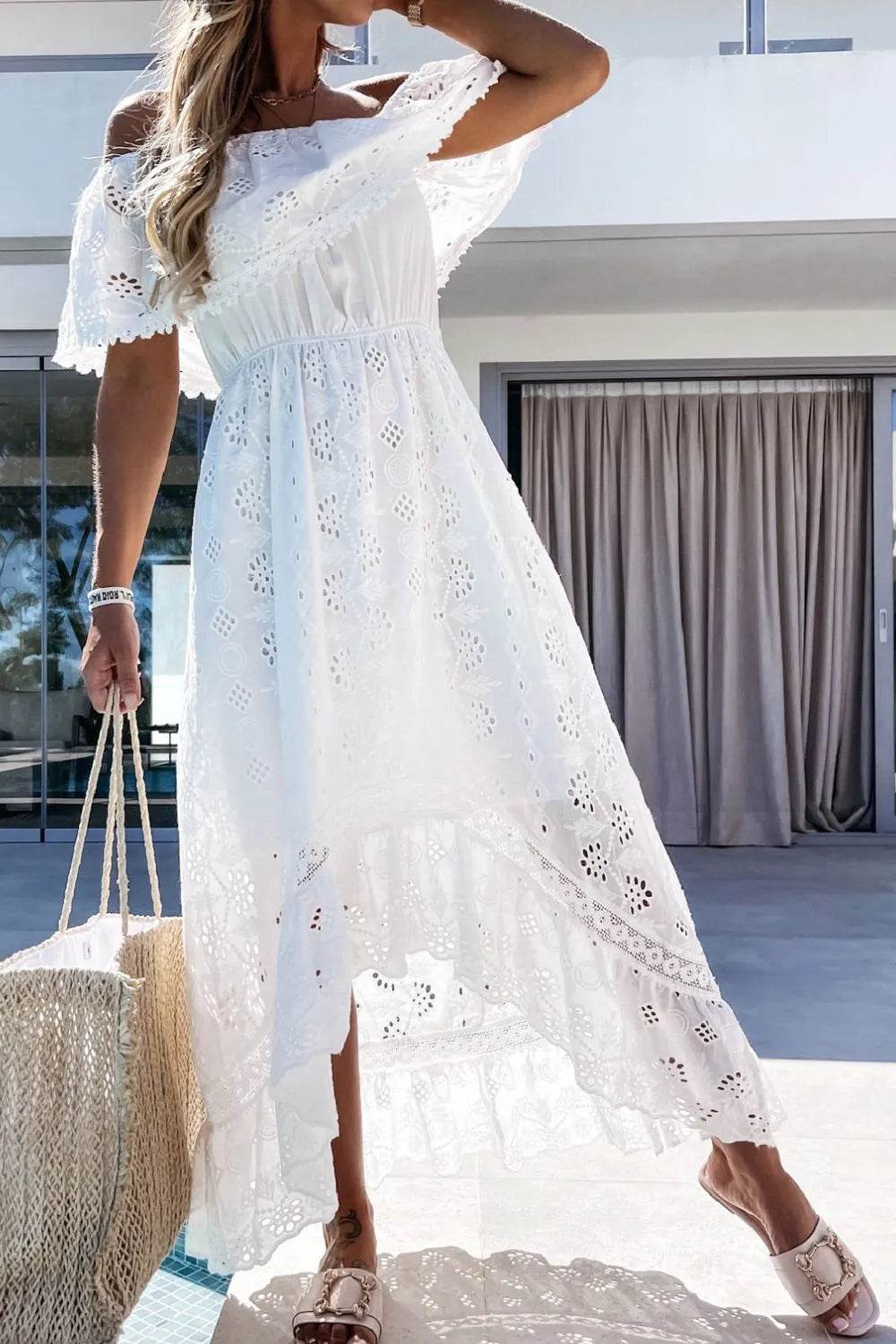 Off Shoulder Eyelet Lace High Low Dress - MARIGOLD