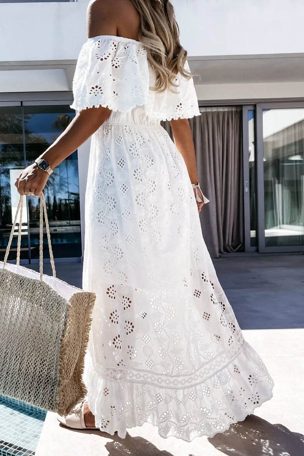 Off Shoulder Eyelet Lace High Low Dress - MARIGOLD