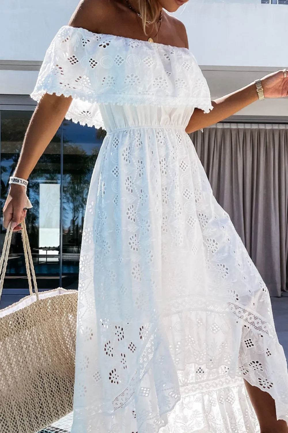 Off Shoulder Eyelet Lace High Low Dress - MARIGOLD