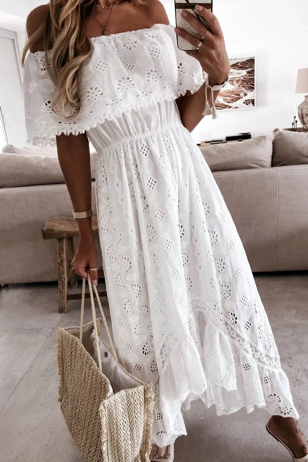 Off Shoulder Eyelet Lace High Low Dress - MARIGOLD