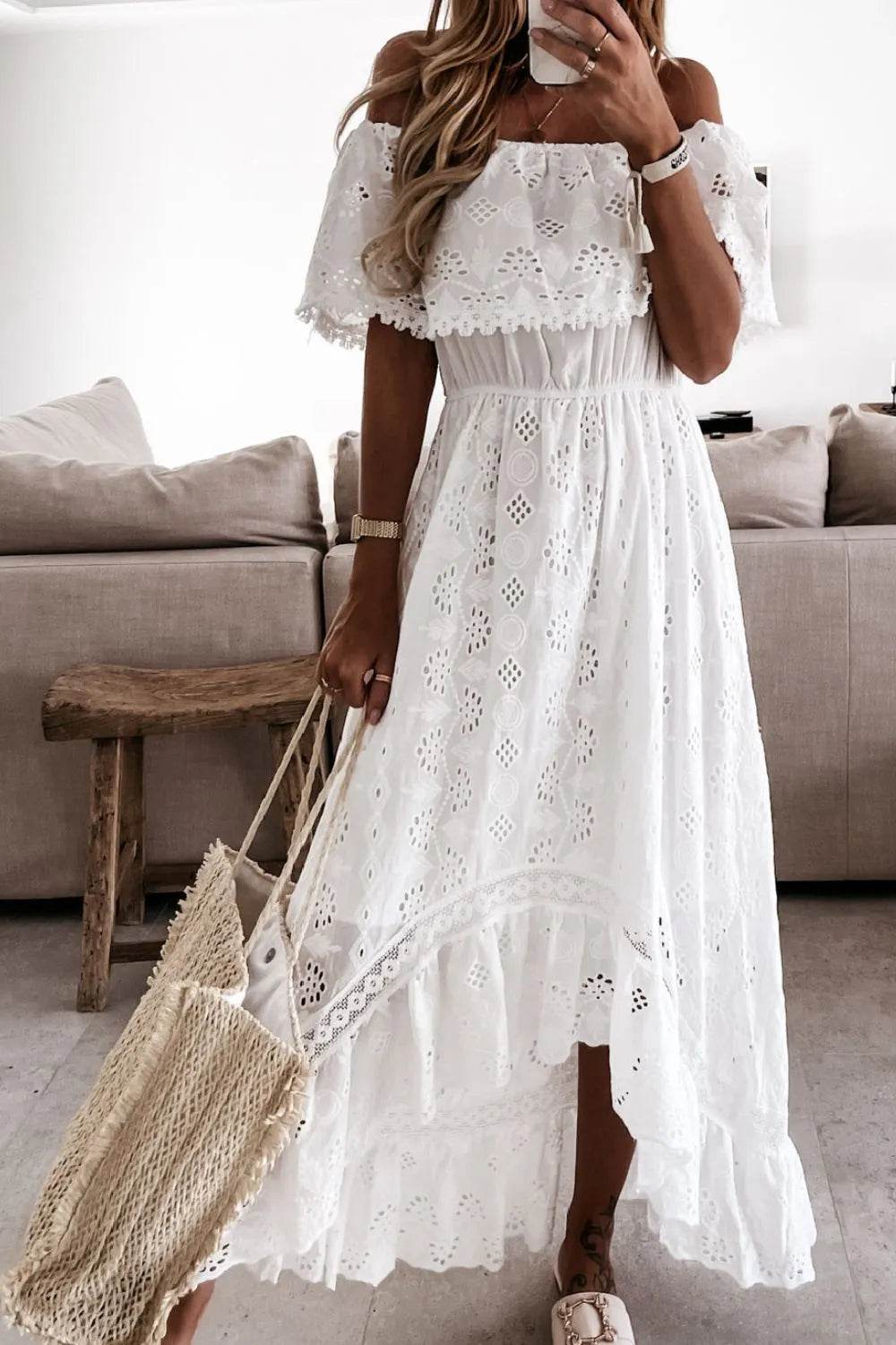Off Shoulder Eyelet Lace High Low Dress - MARIGOLD