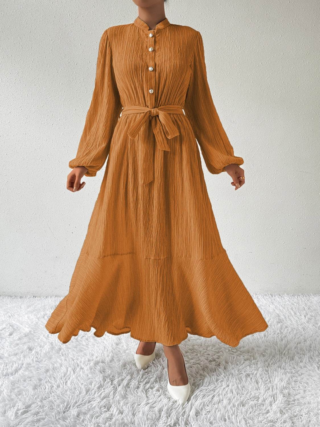 Belted Button Front Long Sleeve Maxi Dress - MARIGOLD