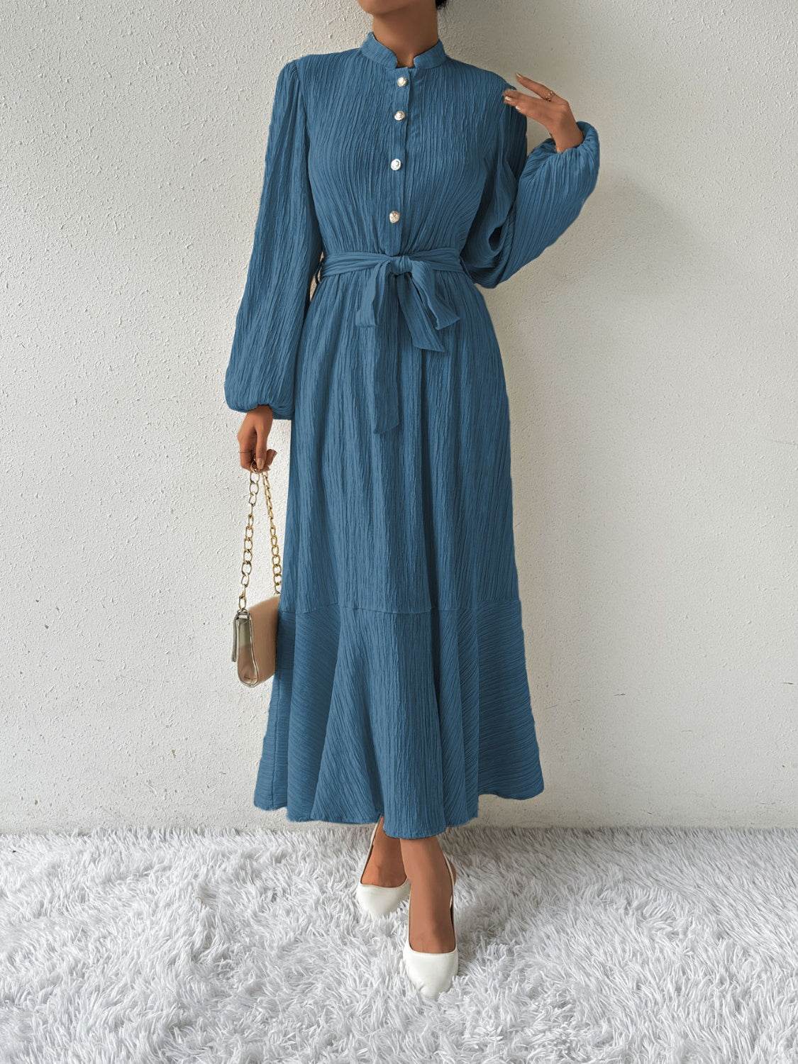 Belted Button Front Long Sleeve Maxi Dress - MARIGOLD