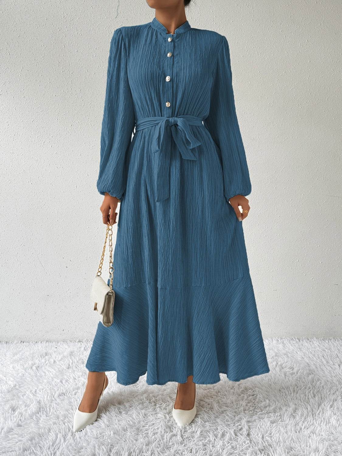 Belted Button Front Long Sleeve Maxi Dress - MARIGOLD