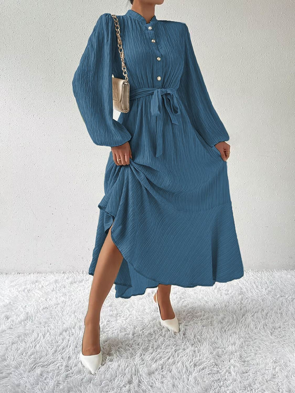 Belted Button Front Long Sleeve Maxi Dress - MARIGOLD