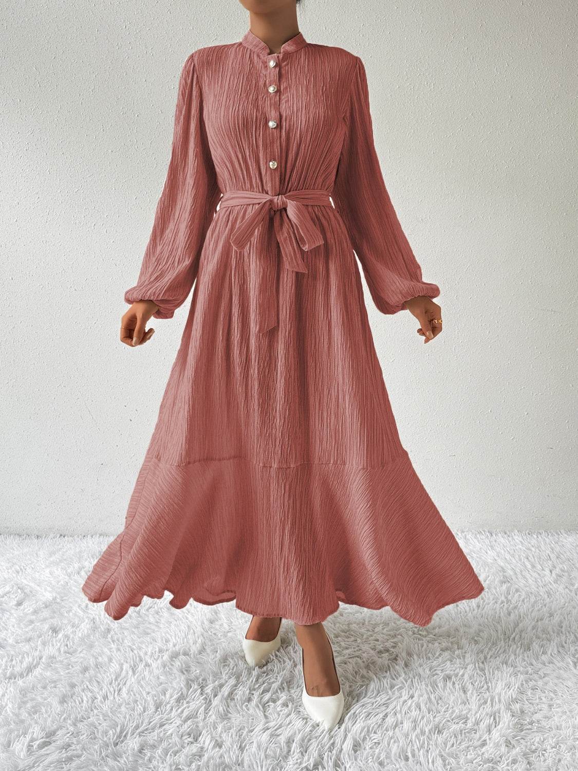 Belted Button Front Long Sleeve Maxi Dress - MARIGOLD