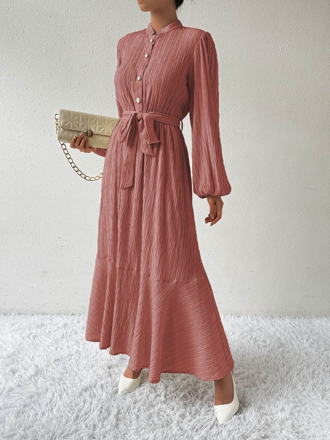 Belted Button Front Long Sleeve Maxi Dress - MARIGOLD