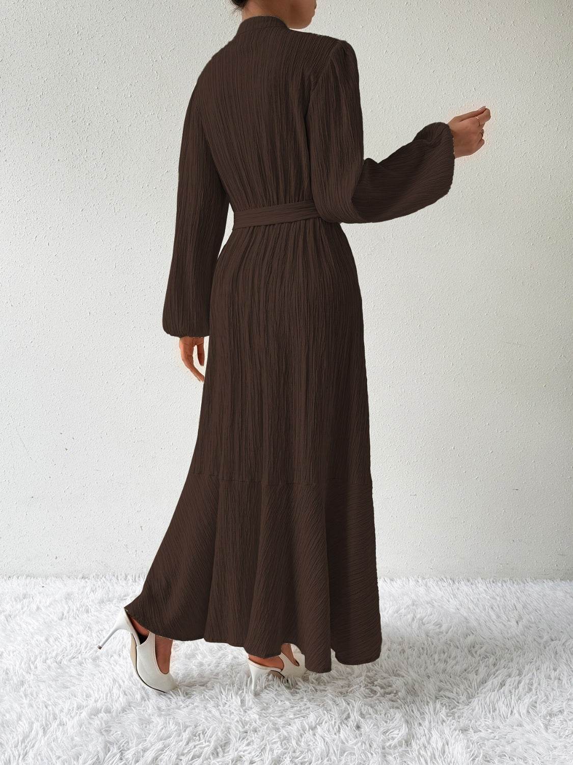 Belted Button Front Long Sleeve Maxi Dress - MARIGOLD