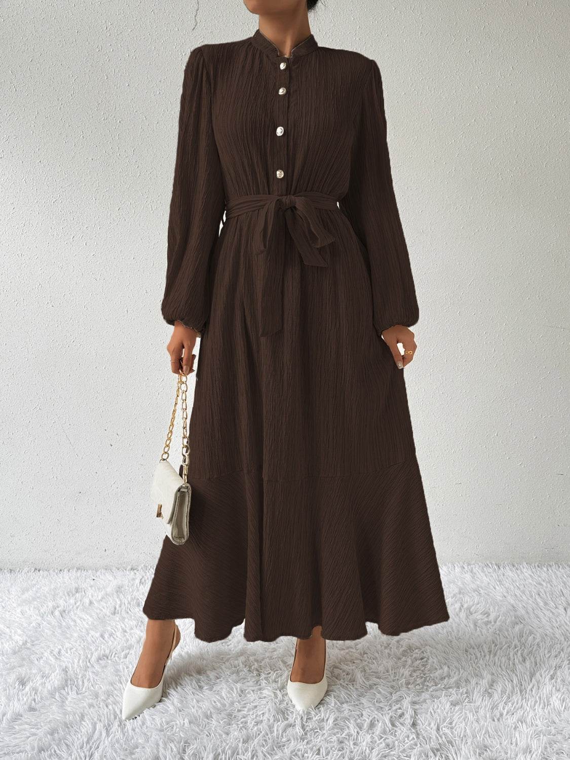 Belted Button Front Long Sleeve Maxi Dress - MARIGOLD